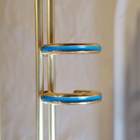 Vintage Teal & Gold Half Hoop Earrings - Picture 2 of 9